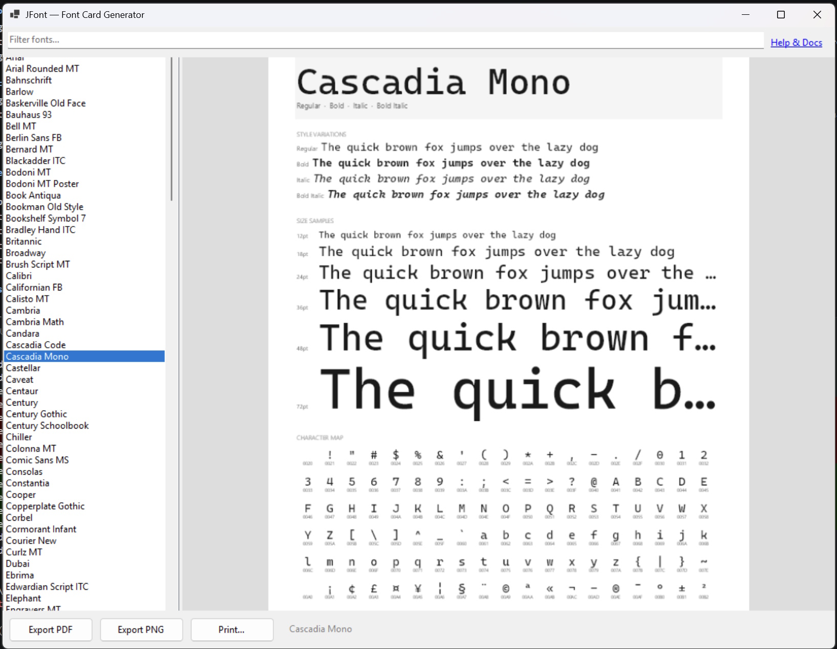 Sample JFont card showing a font at multiple sizes