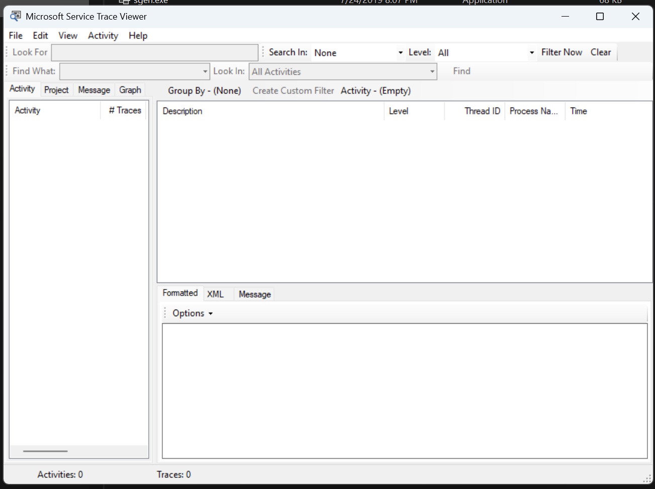 ServiceTraceViewer showing three panes